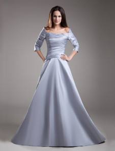 robe de soirée magnifique argente A-ligne en taffetas effet col carré longueur plancher