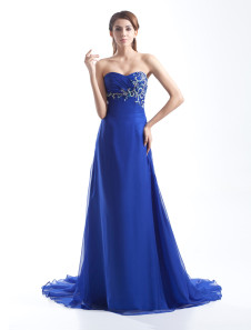 robe fascinante de soirée bleu royal A-ligne en chiffon effet encolure coeur à traîne courte