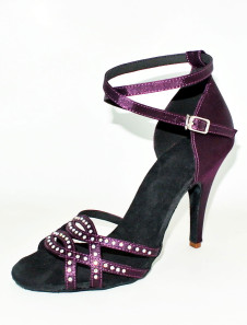 Chaussures de danse latine en satin pourpre à talon aigu avec strass