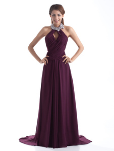 robe de soirée magnifique pourpre A-ligne en chiffon à licou à traîne courte