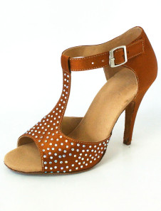 Chaussure danse latine de bride T marronne à talon aigu et à peep-toe