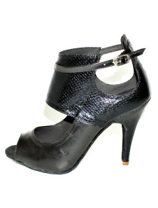 Chaussures danse latine en peau de vache noir brillant à talons aigus
