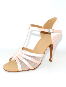 Chaussure de danse latine en satin rose à talon aigu et peep-toe de bride T