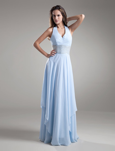 robe énigmatique de soirée bleu ciel claire A-ligne en chiffon à licou longueur plancher