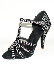 Chaussures de latine en tissu de terry noir zébré à talon aigu et peep-toe