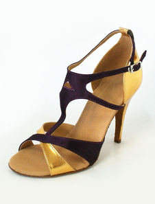 Chaussure de danse latine en satin bicolore métallique à talon aigu bout ouvert