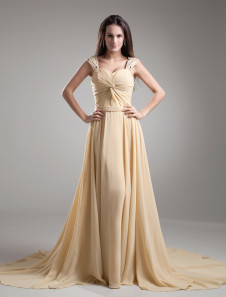 robe fascinante de soirée champagne A-ligne en chiffon hors de l'épaule à traîne courte