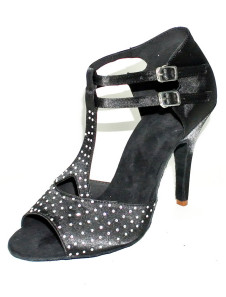 Chaussure de latine de bretelle T en satin à talon aigu et peep-toe avec strass