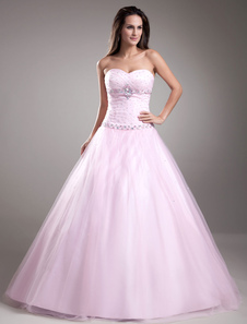 Robe en tulle rose avec strass d'encolure en coeur