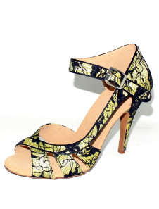 Chaussure de latine noire à talon aigu et bout ouvert imprimé fleurie verte