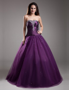 robe sublimée de boule boule pourpre en tulle effet encolure coeur avec perles longueur plancher