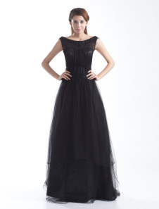 robe fascinante de soirée noire A-ligne en tulle effet col bateau à traîne courte