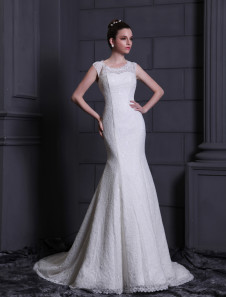 Mariée robe élégante sirène blanche en dentelle détail col rond avec dentelle à traîne courte