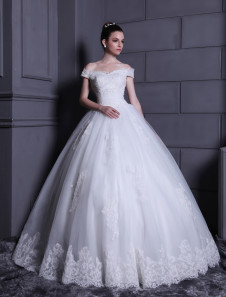 Robe pour mariage boule blanche en tulle hors de l'épaule avec dentelle longueur plancher