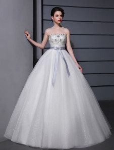 Mariage robe belle boule blanche en tulle bustier avec noeud longueur plancher