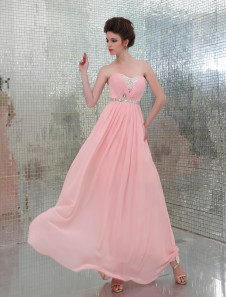 Robe de soirée élégante A-ligne rose en chiffon effet encolure coeur longueur plancher