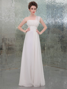 Robe de soirée élégante A-ligne blanche en chiffon à une épaule longueur plancher