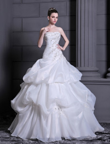 Robe de mariage soutenue boule blanche en organza bustier avec perles longueur plancher