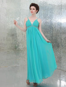 Robe de soirée élégante A-ligne verte en chiffon à bretelles longueur plancher