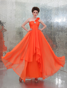 Robe de bal séduisante A-ligne orange en satin de soie stretch à une épaule longueur plancher