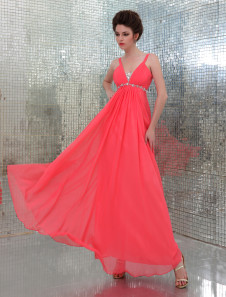 Robe de bal séduisante A-ligne rouge melon en chiffon à bretelles longueur plancher