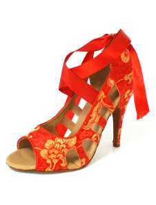 Chaussure de latine femme creusée en satin rouge imprimé avec ruban