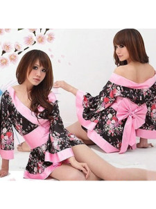 Robe kimono en fausse soie bicolore imprimée fleurie avec noeud