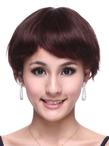 Perruques de cheveux humains de brun foncé courte droite femme