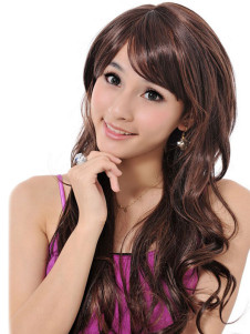 Perruque longue marronne foncée frisée