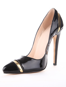 Sublimes escarpins noirs à bout pointu en faux cuir style cuir verni