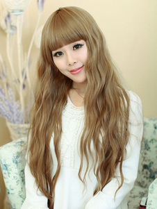 Fabuleuse perruque longue frisée or avec frange lisse