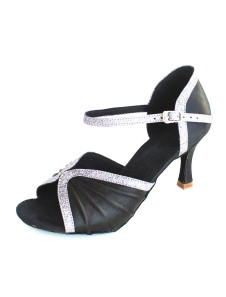 Chaussure de latine à peep-toe et talon évasé en satin noir imprimé brillant