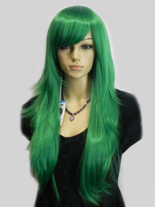 Perruque longue verte synthétique droite