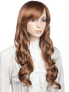 Perruque douce longue frisée marron claire synthétique classique