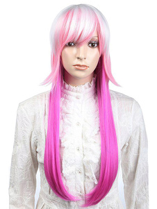 Perruque chic longue droite rose synthétique de Cosplay