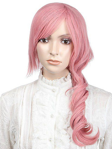 Unique perruque moyenne rose frisée synthétique