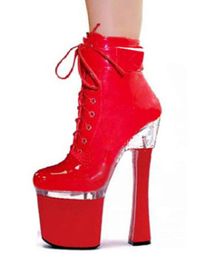 Brevet cuir rouge PU ronde Toe chaud haut talon bottes femmes