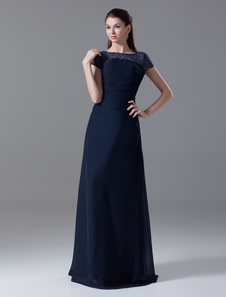 Petite robe noire A-ligne en chiffon col rond avec perles