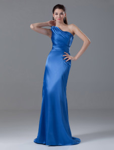 Robe fascinante de soirée bleue royal fourreau en satin stretch plissée à une épaule