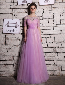 Robe de soirée A-ligne en tulle lilas avec plissement