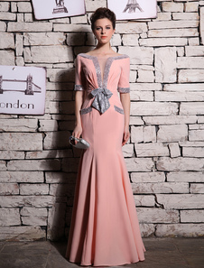 Robe de soirée sirène nude avec paillettes à col bateau