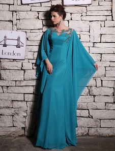 Robe de soirée sirène bleue océan brodée