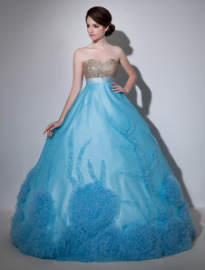 Chic robe de boule bleue boule en organza effet encolure coeur à taille haute royale