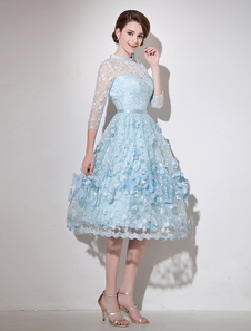 Robe belle de bal bleue ciel claire A-ligne en dentelle col rond avec noeud