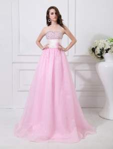 Robe fascinante de soirée rose A-ligne effet encolure coeur avec perles