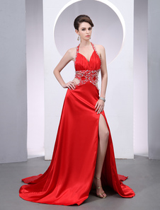 Robe fascinante de soirée rouge A-ligne à licou avec perles