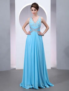 Robe merveilleuse de soirée bleue fourreau en chiffon brodée col V