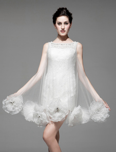 Robe de mariage exquise fourreau ivoire en tulle avec dentelle col rond mini