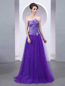 Robe fascinante de soirée lilase A-ligne en taffetas avec perles bustier