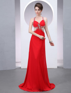 Robe fascinante de soirée rouge A-ligne col V plissée